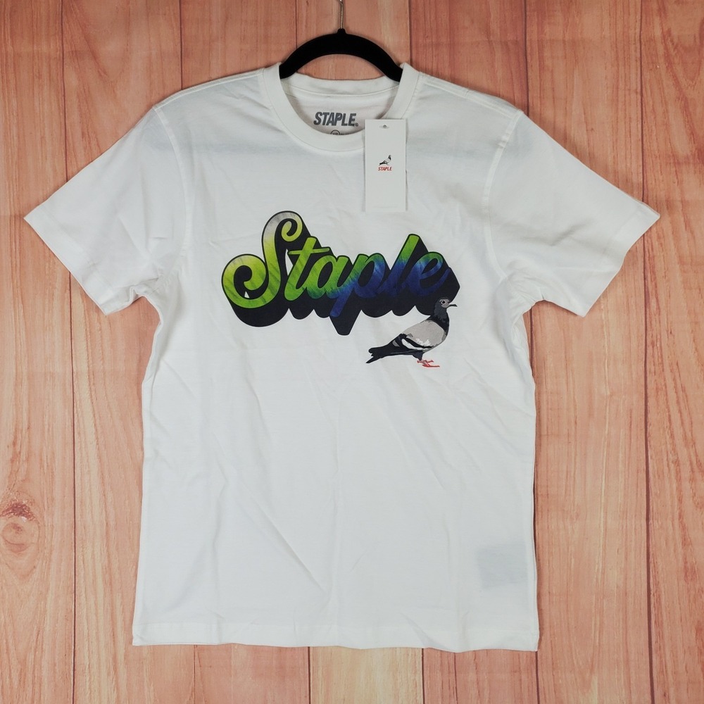 Staple Tee Shirt Mens XS White Graphic Print Pigeon Script Spellout Logo Cotton